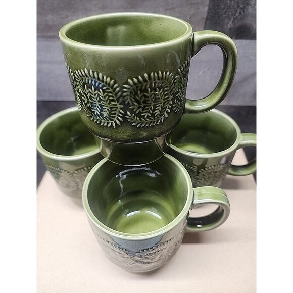 Vintage Set of Four Ceramic MCM Stackable Green Mugs Set Made in Japan - Picture 3 of 7